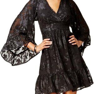 Betsey Johnson Chiffon Black Mesh Glitter Bambi Bell Sleeve Mini Dress